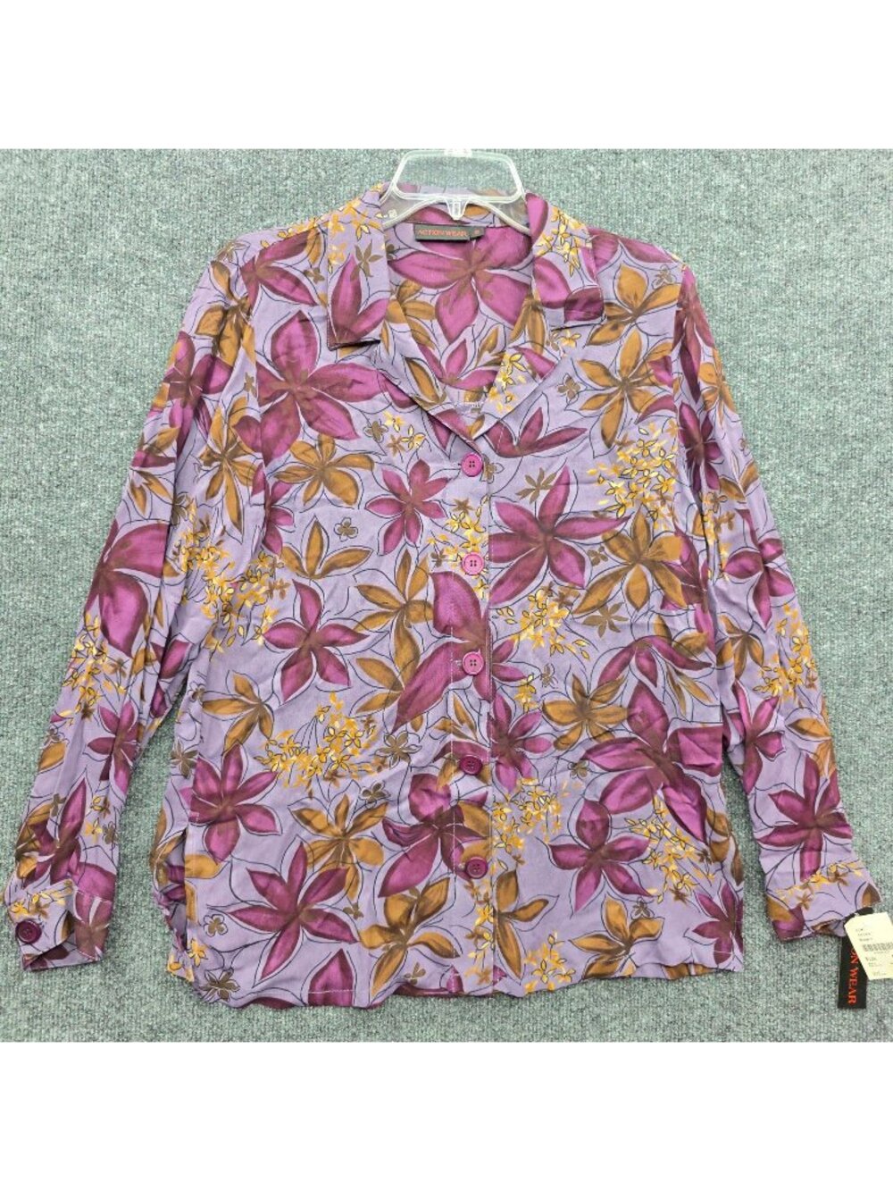 Vintage Action Wear Floral Button Front Blouse S Purple Cottage Boho Deadstock